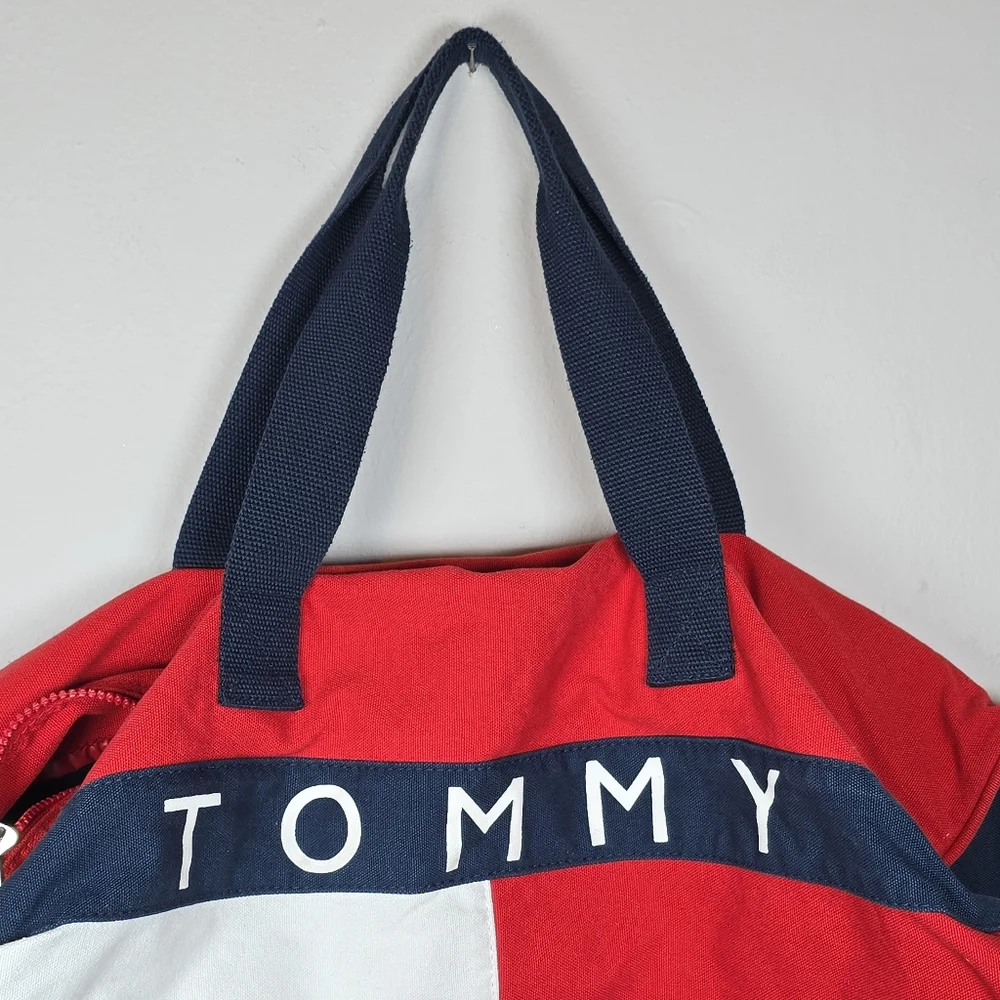 Vintage Tommy Hilfiger Red White Blue Tote Duffel Bag Large Zip Gym Activewear - Picture 5 of 14